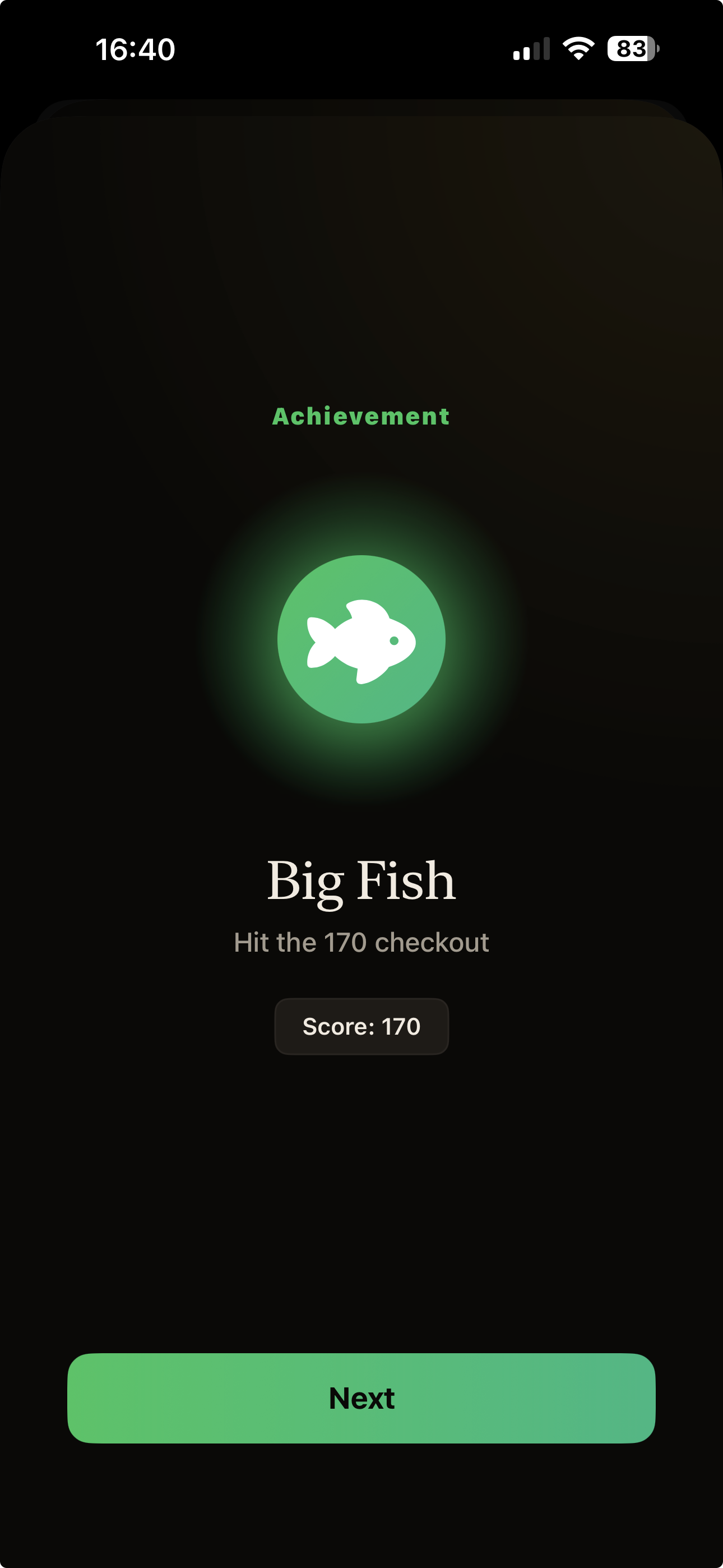 Oche app — Big Fish achievement unlocked for hitting the 170 checkout