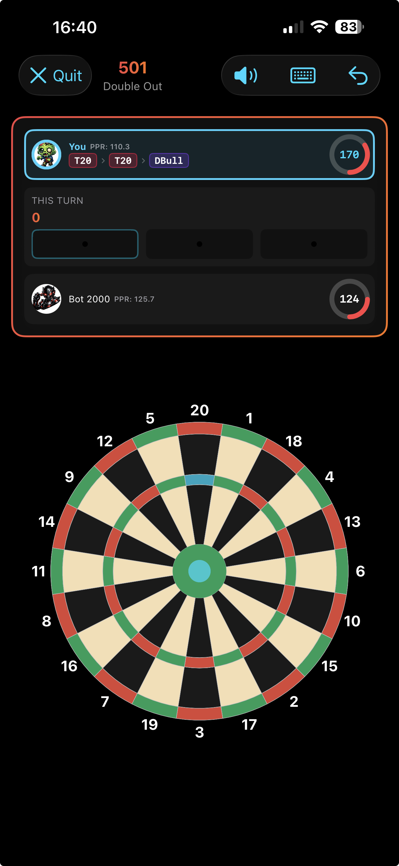 Oche app — 501 match in progress with live scoreboard and dartboard input