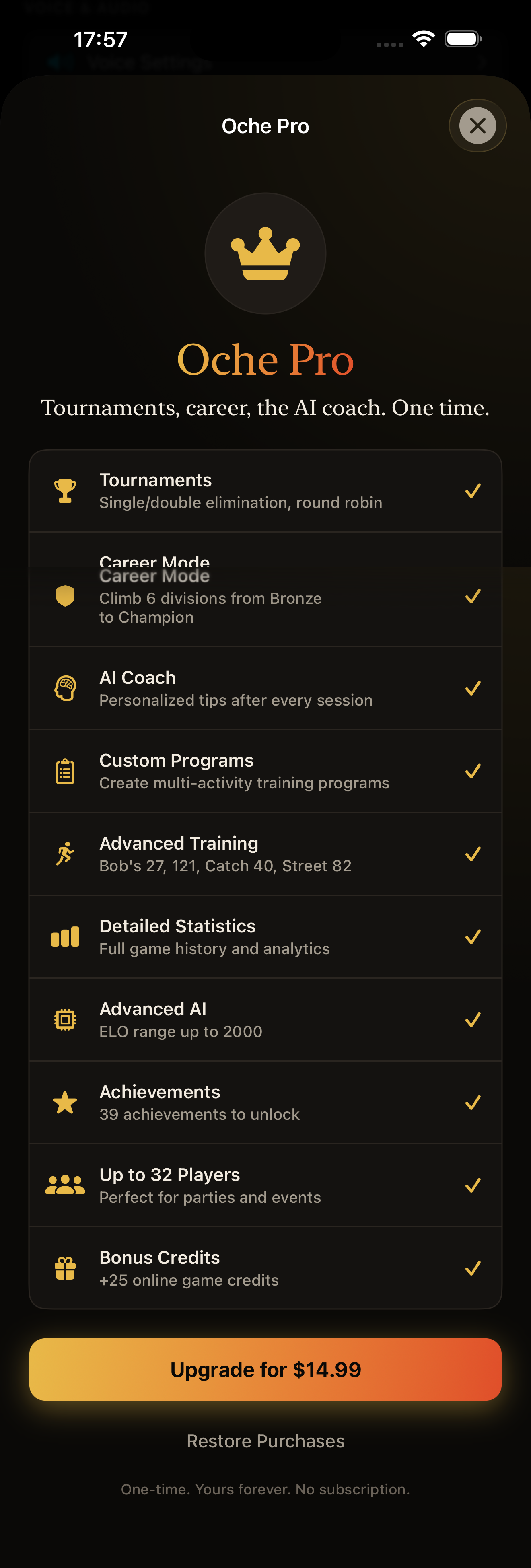 Oche Pro — full feature sheet from the app